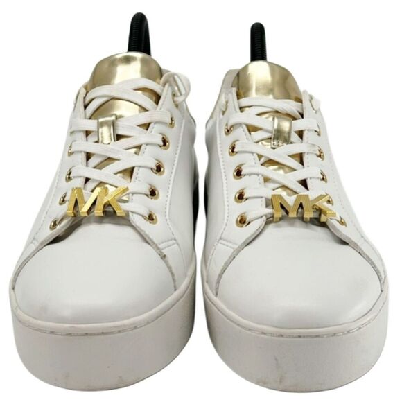Michael Kors Poppy Metallic Gold Trim White Sneakers Size 8 - Picture 2 of 10